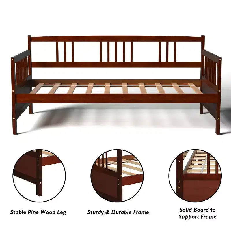 Lit de repos en bois à lattes format jumeau Costway, plate-forme robuste avec rails, blanc/cerisier