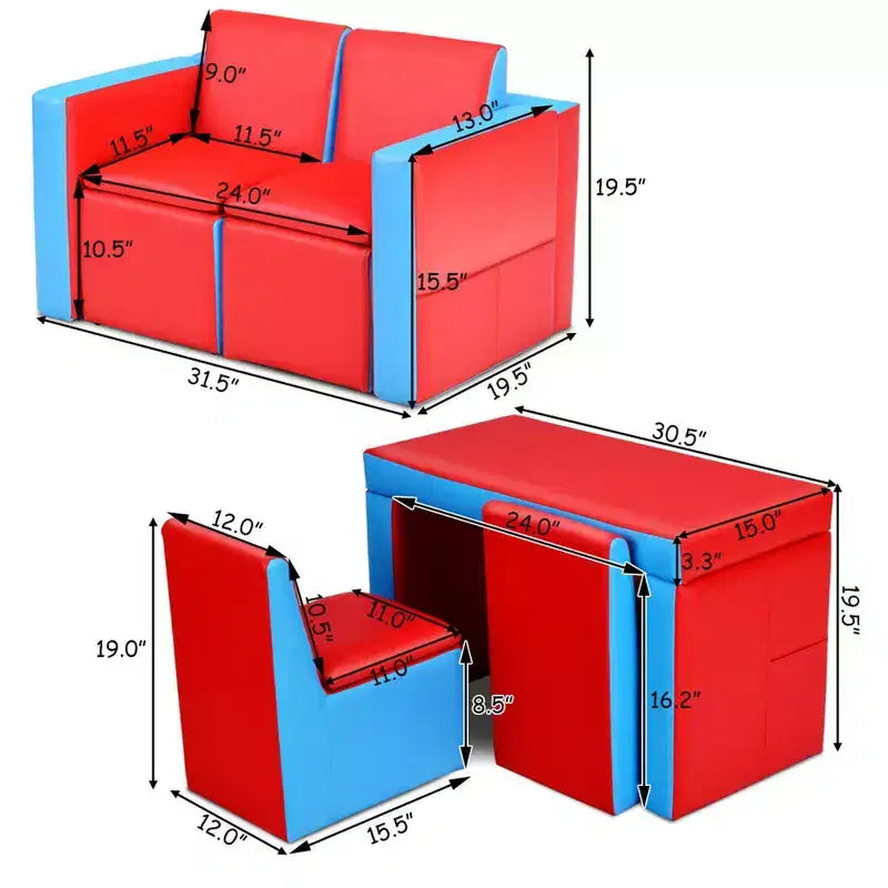 Ensemble canapé-table-chaise multifonctionnel 2 places pour enfants Costway avec boîte de rangement