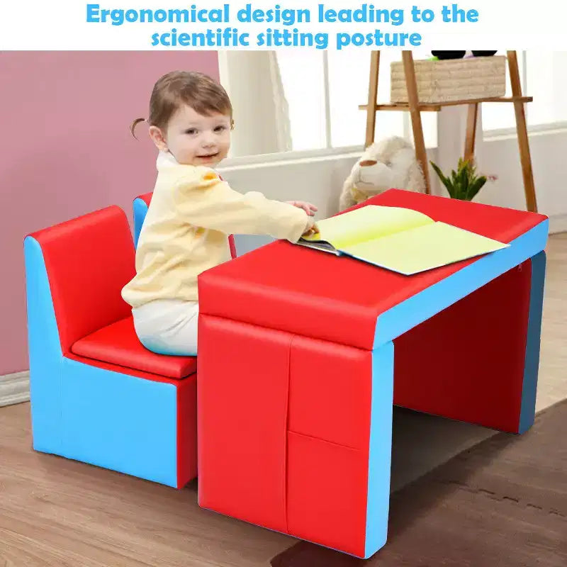 Ensemble canapé-table-chaise multifonctionnel 2 places pour enfants Costway avec boîte de rangement