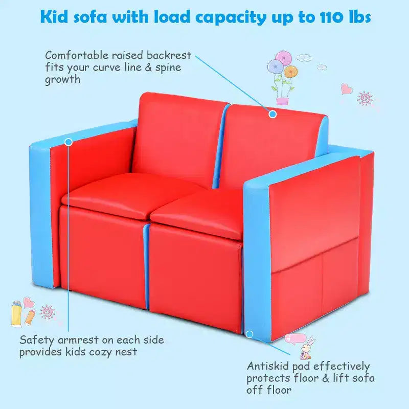 Ensemble canapé-table-chaise multifonctionnel 2 places pour enfants Costway avec boîte de rangement
