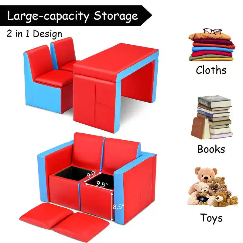 Ensemble canapé-table-chaise multifonctionnel 2 places pour enfants Costway avec boîte de rangement