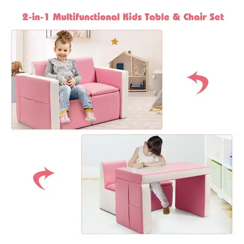 Ensemble canapé-table-chaise multifonctionnel 2 places pour enfants Costway avec boîte de rangement