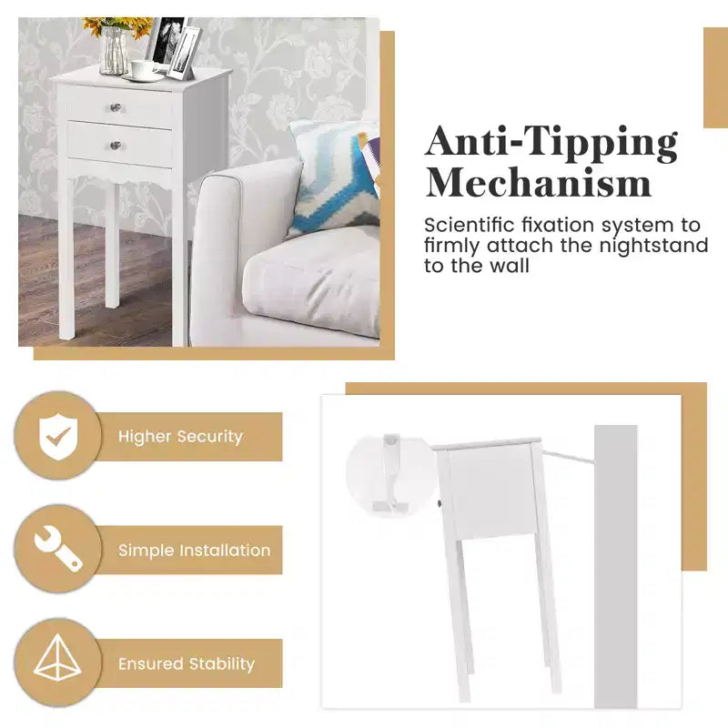 Costway Table d'appoint Table de chevet Meuble d'appoint avec 2 tiroirs Blanc