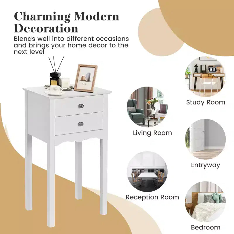 Costway Table d'appoint Table de chevet Meuble d'appoint avec 2 tiroirs Blanc