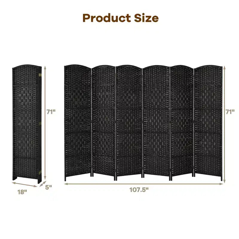 Costway Paravent 6 Panneaux 180cm Tressé en Fibre Pliant Séparateur de Pièce Brun/Noir