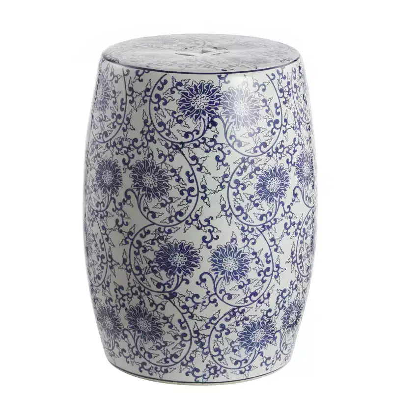 JONATHAN Y Lotus Blossom 17.5 Chinoiserie Ceramic Drum Garden Stool/Accent Table, Blue/White
