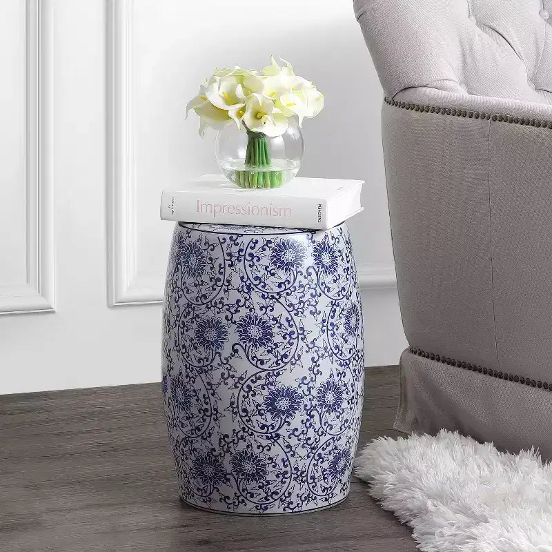 JONATHAN Y Lotus Blossom 17.5 Tabouret de jardin/Table d'appoint en céramique Chinoiserie, Bleu/Blanc