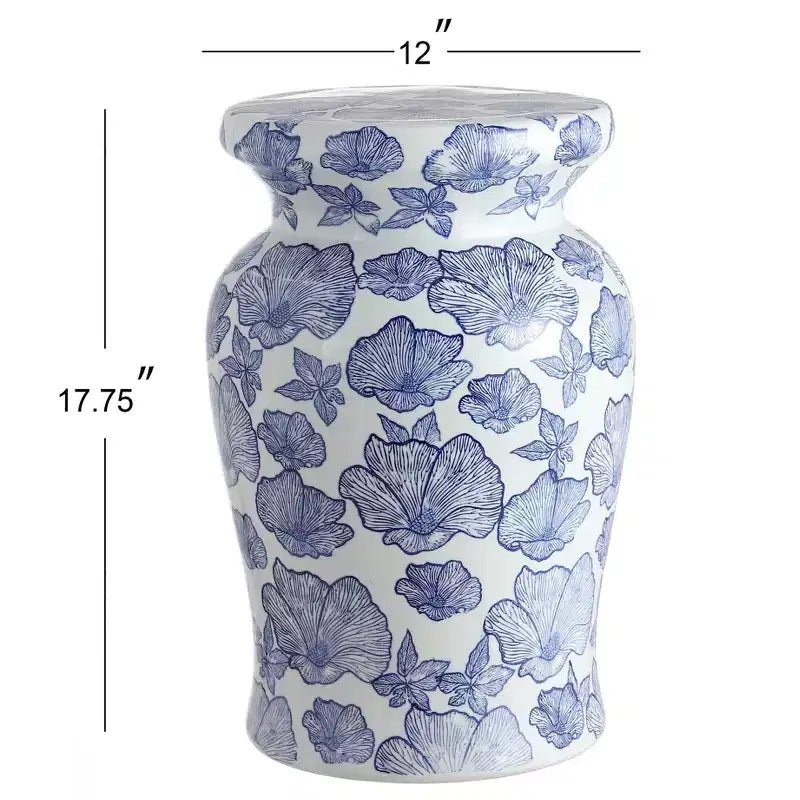 JONATHAN Y Tabouret de jardin/Table d'appoint en céramique 17,7 Poppies, Blanc/Bleu