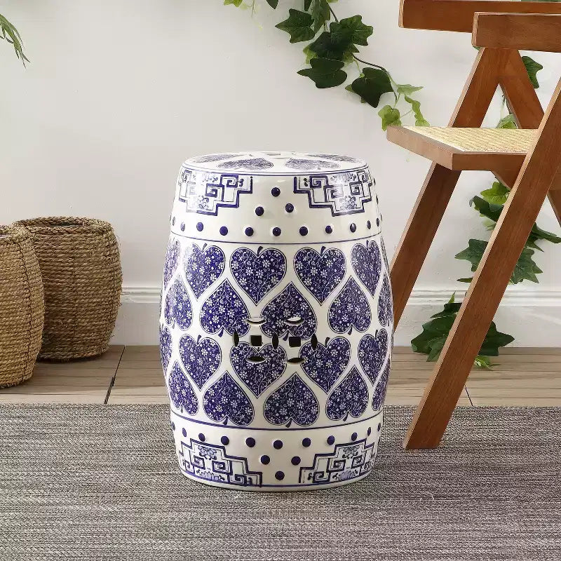JONATHAN Y Happy Hearts 17.8 Tabouret de jardin/Table d'appoint en céramique chinoiserie, bleu/blanc
