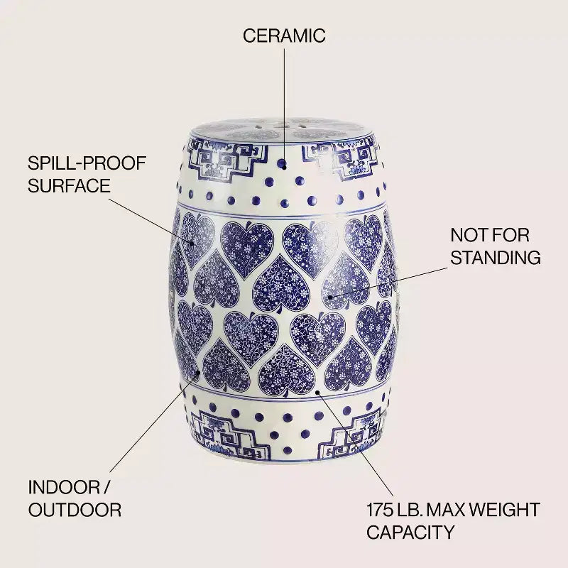 JONATHAN Y Happy Hearts 17.8 Tabouret de jardin/Table d'appoint en céramique chinoiserie, bleu/blanc