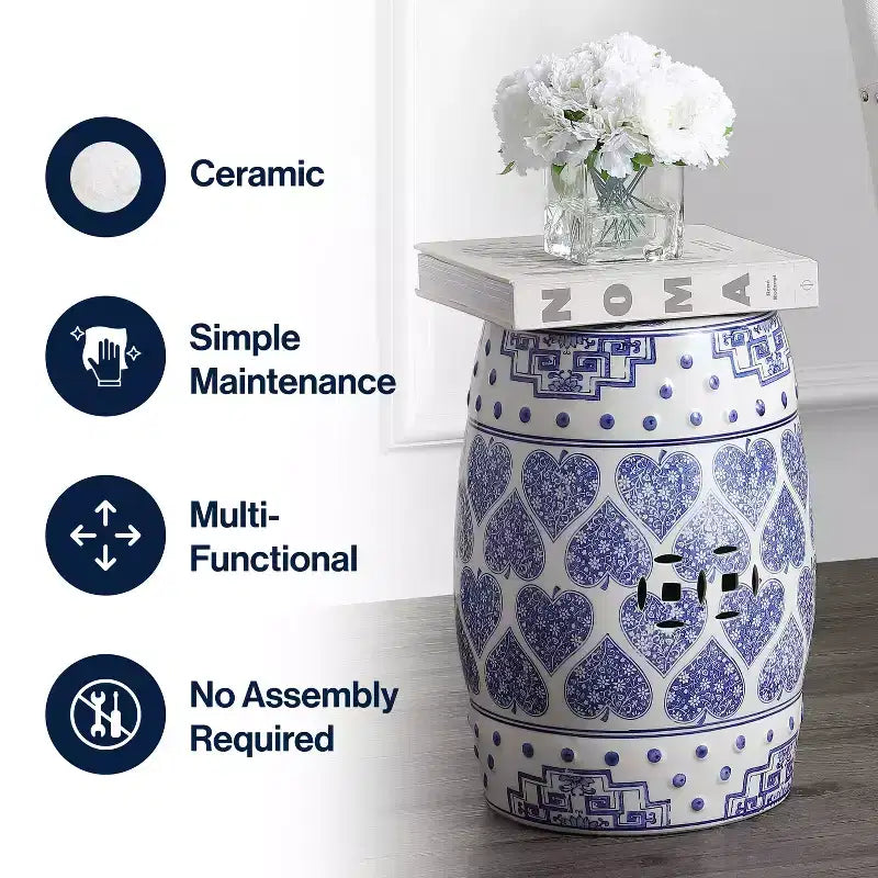 JONATHAN Y Happy Hearts 17.8 Tabouret de jardin/Table d'appoint en céramique chinoiserie, bleu/blanc