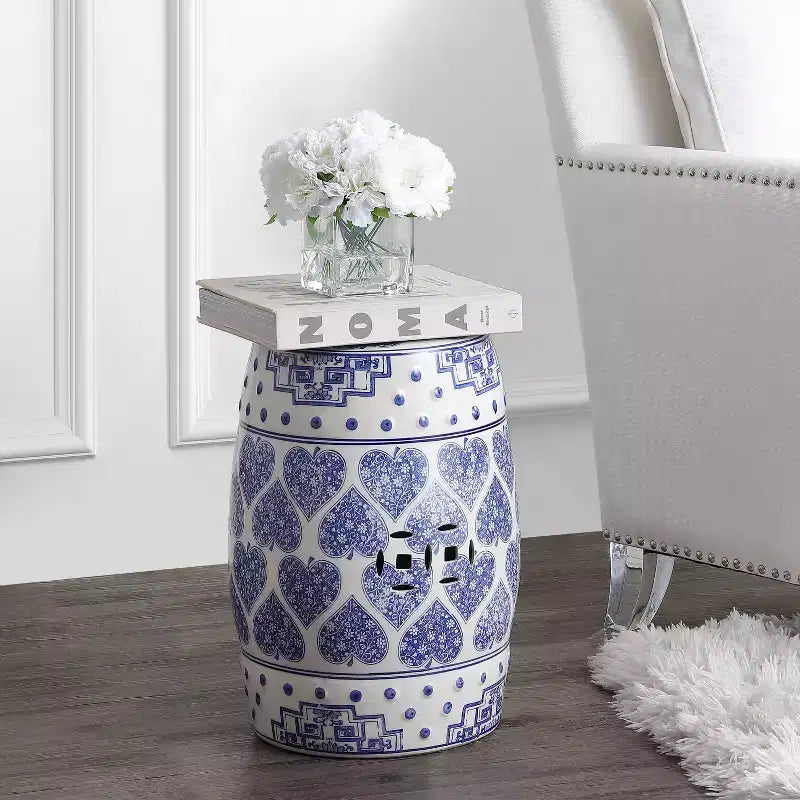 JONATHAN Y Happy Hearts 17.8 Tabouret de jardin/Table d'appoint en céramique chinoiserie, bleu/blanc