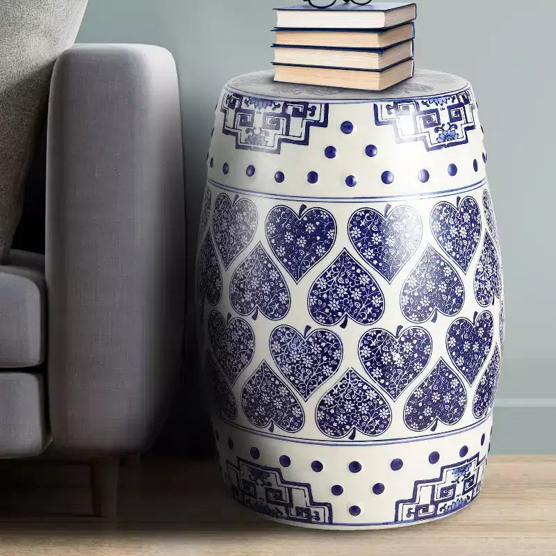 JONATHAN Y Happy Hearts 17.8 Tabouret de jardin/Table d'appoint en céramique chinoiserie, bleu/blanc