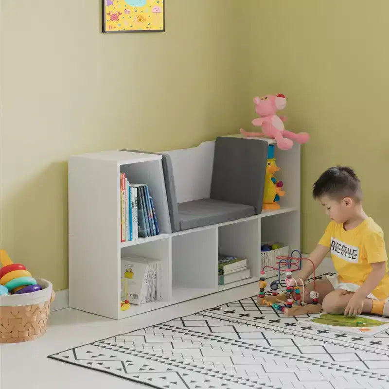 Étagère multifonctionnelle moderne Basicwise avec espace de rangement et coin lecture rembourré gris