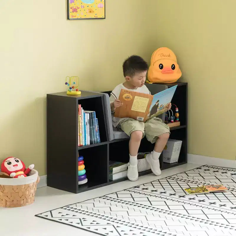 Étagère multifonctionnelle moderne Basicwise avec espace de rangement et coin lecture rembourré gris
