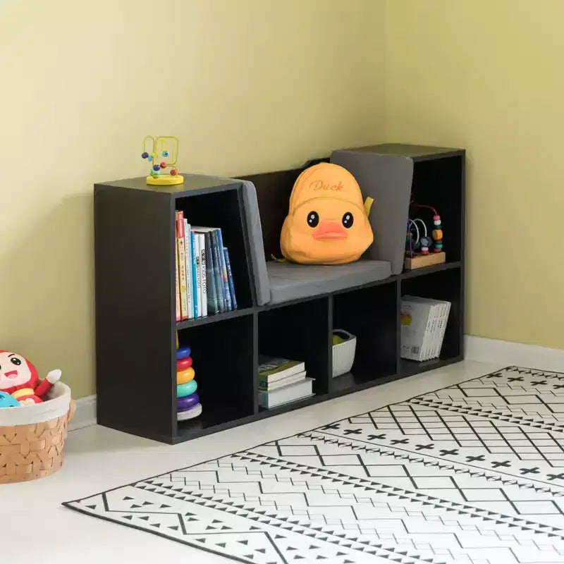 Étagère multifonctionnelle moderne Basicwise avec espace de rangement et coin lecture rembourré gris