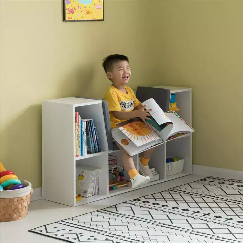 Étagère multifonctionnelle moderne Basicwise avec espace de rangement et coin lecture rembourré gris