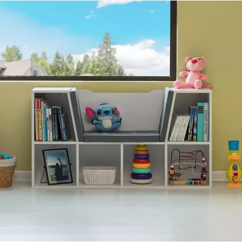 Étagère multifonctionnelle moderne Basicwise avec espace de rangement et coin lecture rembourré gris