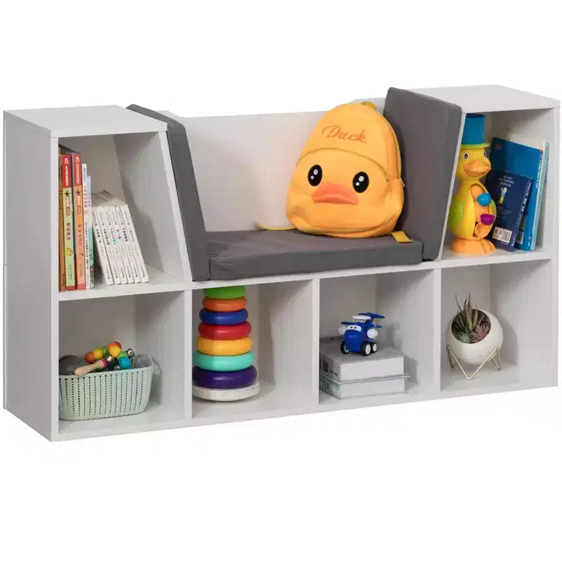 Étagère multifonctionnelle moderne Basicwise avec espace de rangement et coin lecture rembourré gris