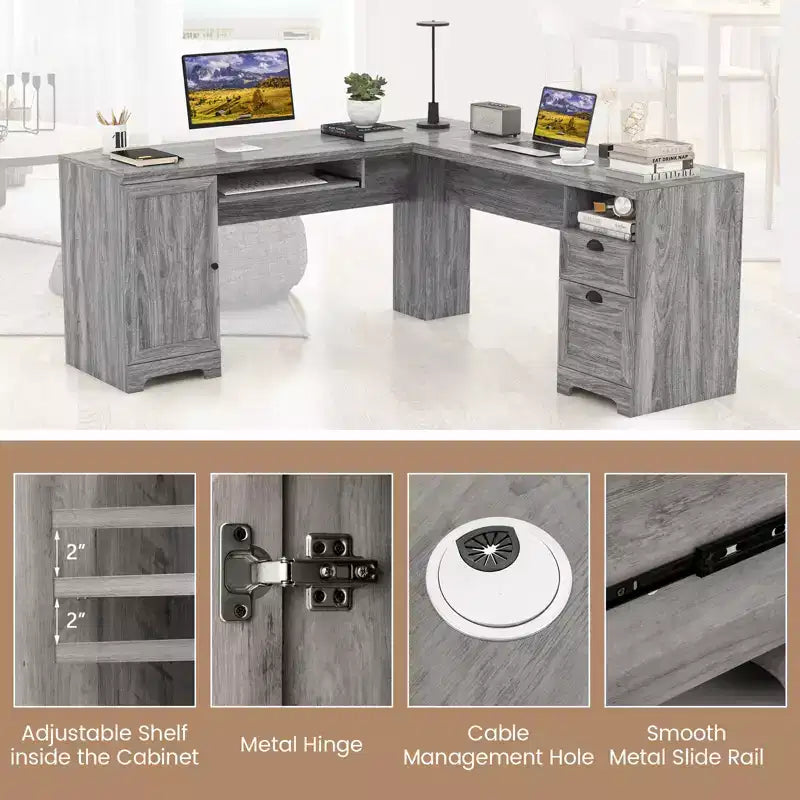 Bureau d'angle en forme de L Costway, table d'écriture, poste de travail avec tiroirs de rangement