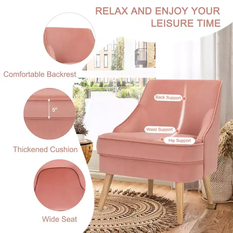 Fauteuil d'appoint Costway en velours, fauteuil simple avec pieds en bois d'hévéa, rose/vert/gris