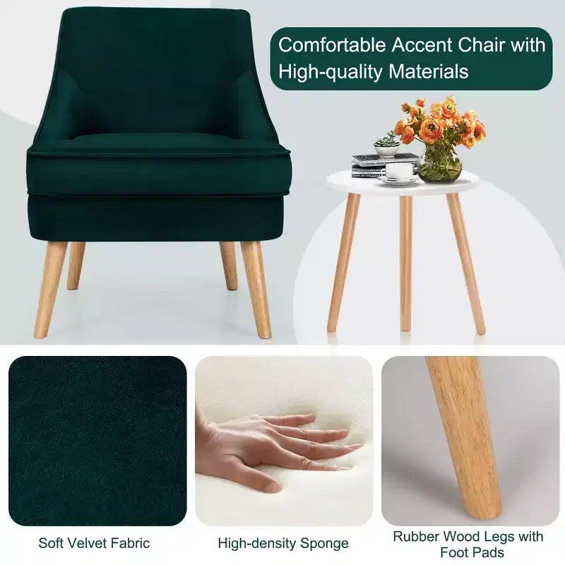 Fauteuil d'appoint Costway en velours, fauteuil simple avec pieds en bois d'hévéa, rose/vert/gris