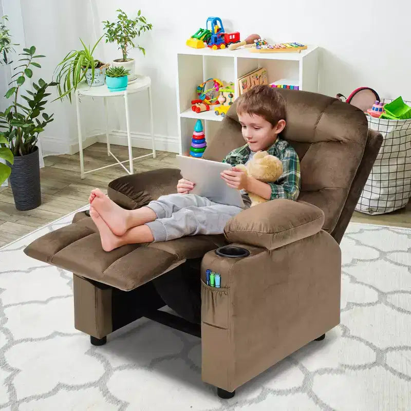 Fauteuil inclinable pour enfants Costway en velours avec porte-gobelet et poche latérale bleu/rose