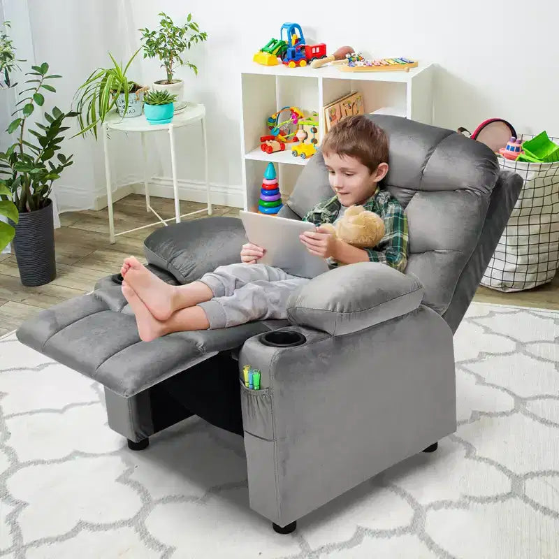 Fauteuil inclinable pour enfants Costway en velours avec porte-gobelet et poche latérale bleu/rose