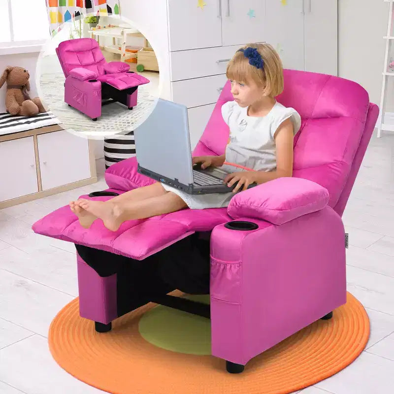 Fauteuil inclinable pour enfants Costway en velours avec porte-gobelet et poche latérale bleu/rose