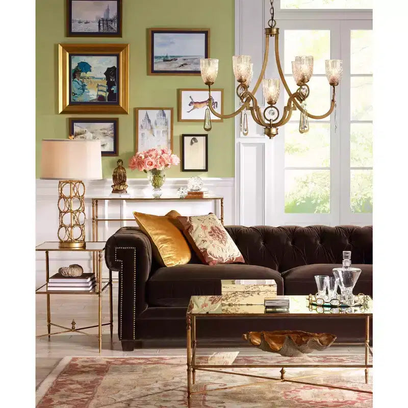 Table d'appoint traditionnelle en fer Uttermost 23 3/4 x 14 avec étagère, feuille d'or antique et verre transparent, pour salon ou chambre.
