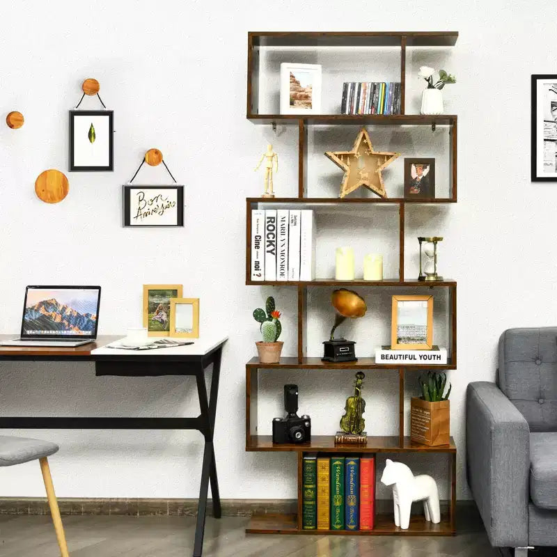 Costway Lot de 1 ou 2 bibliothèques en forme de S à 6 niveaux, étagère de rangement, présentoir à livres, étagère en Z, café