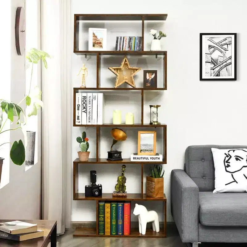 Costway Lot de 1 ou 2 bibliothèques en forme de S à 6 niveaux, étagère de rangement, présentoir à livres, étagère en Z, café