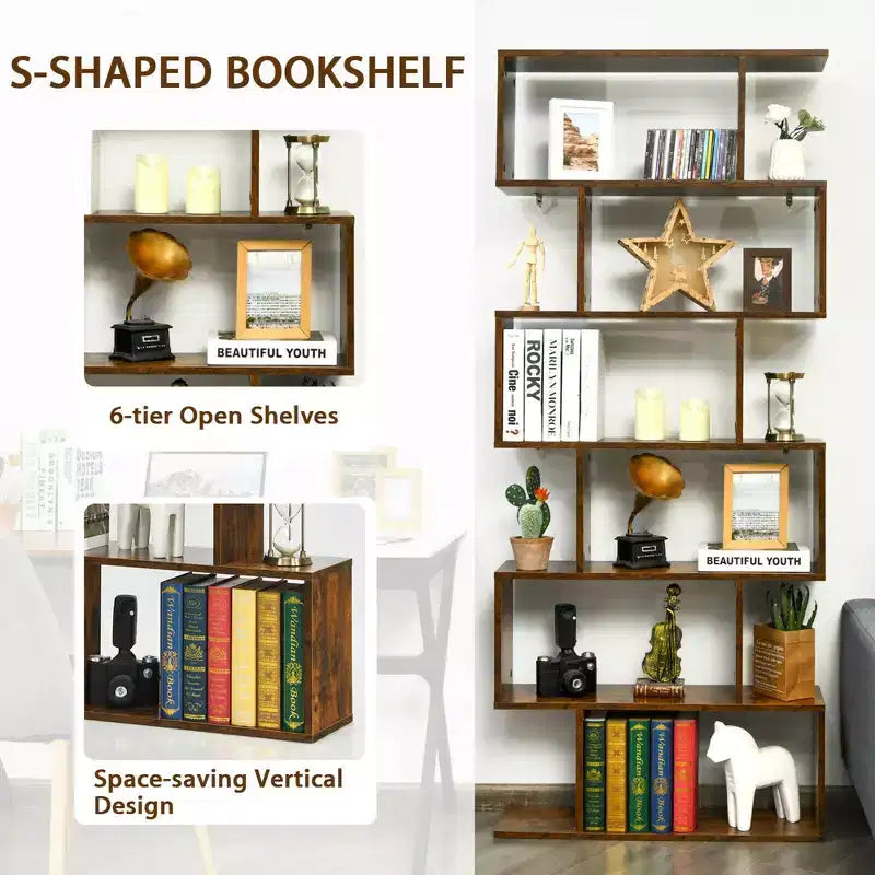 Costway Lot de 1 ou 2 bibliothèques en forme de S à 6 niveaux, étagère de rangement, présentoir à livres, étagère en Z, café