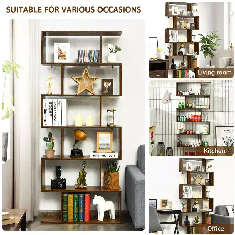 Costway Lot de 1 ou 2 bibliothèques en forme de S à 6 niveaux, étagère de rangement, présentoir à livres, étagère en Z, café
