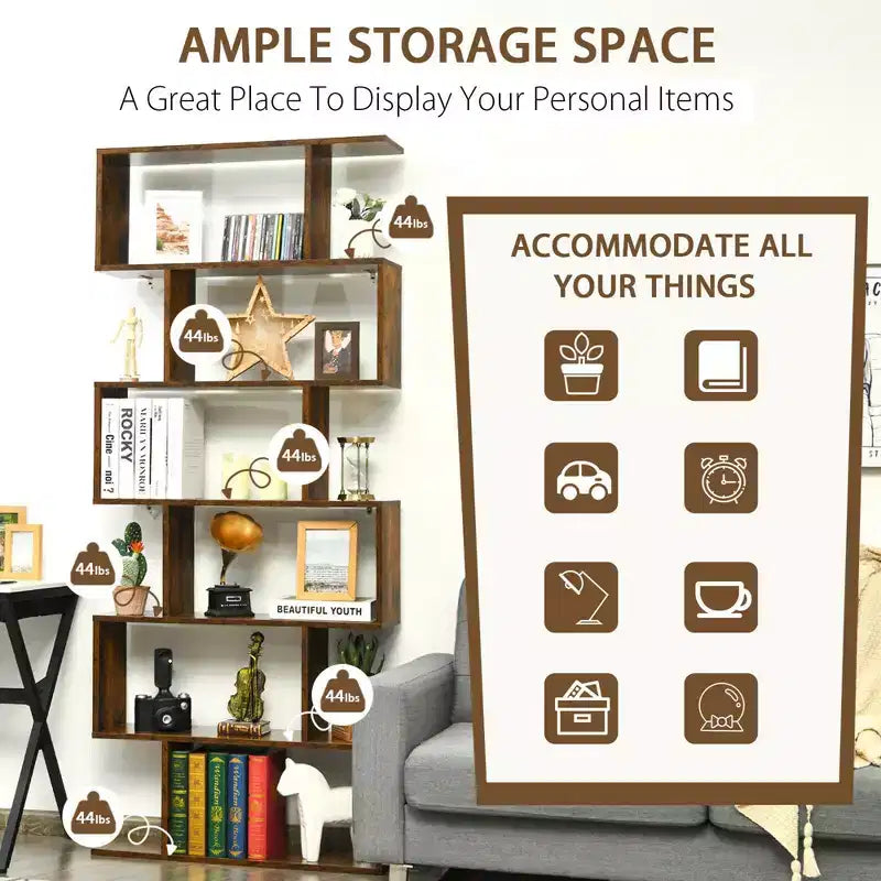 Costway Lot de 1 ou 2 bibliothèques en forme de S à 6 niveaux, étagère de rangement, présentoir à livres, étagère en Z, café