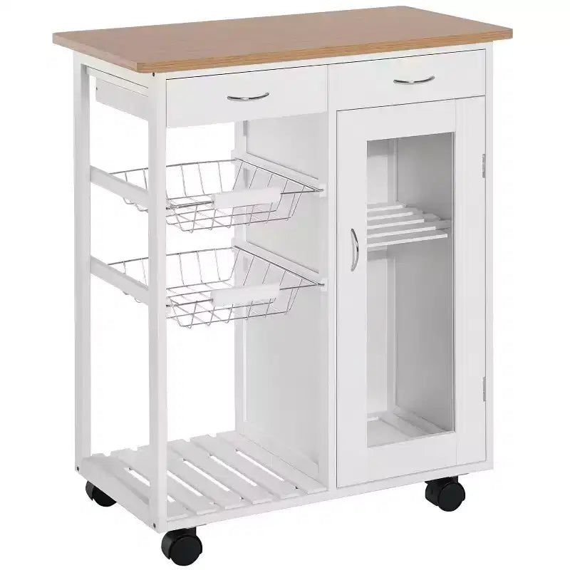 HOMCOM 28 Rolling Kitchen Trolley Serving Cart Storage Cabinet Bamboo Top with Wire Basket & Door Cabinet & Drawers, White