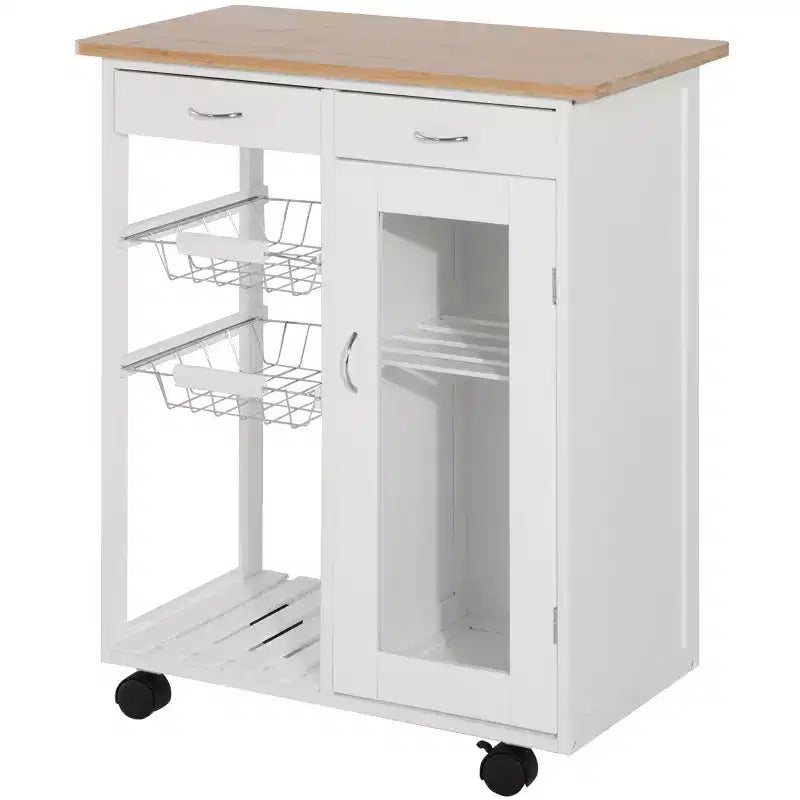 HOMCOM Chariot de cuisine roulant 28 po, desserte, armoire de rangement, plateau en bambou, panier en fil métallique, armoire à porte et tiroirs, blanc