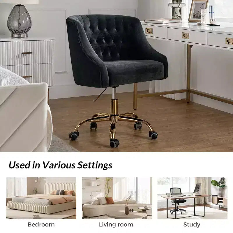 Chaise de bureau pivotante à hauteur réglable en velours Anika avec dossier capitonné et base dorée | Karat Home