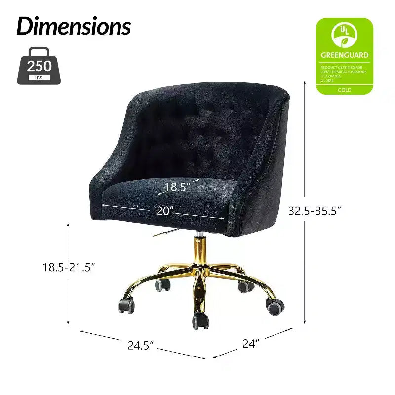 Chaise de bureau pivotante à hauteur réglable en velours Anika avec dossier capitonné et base dorée | Karat Home