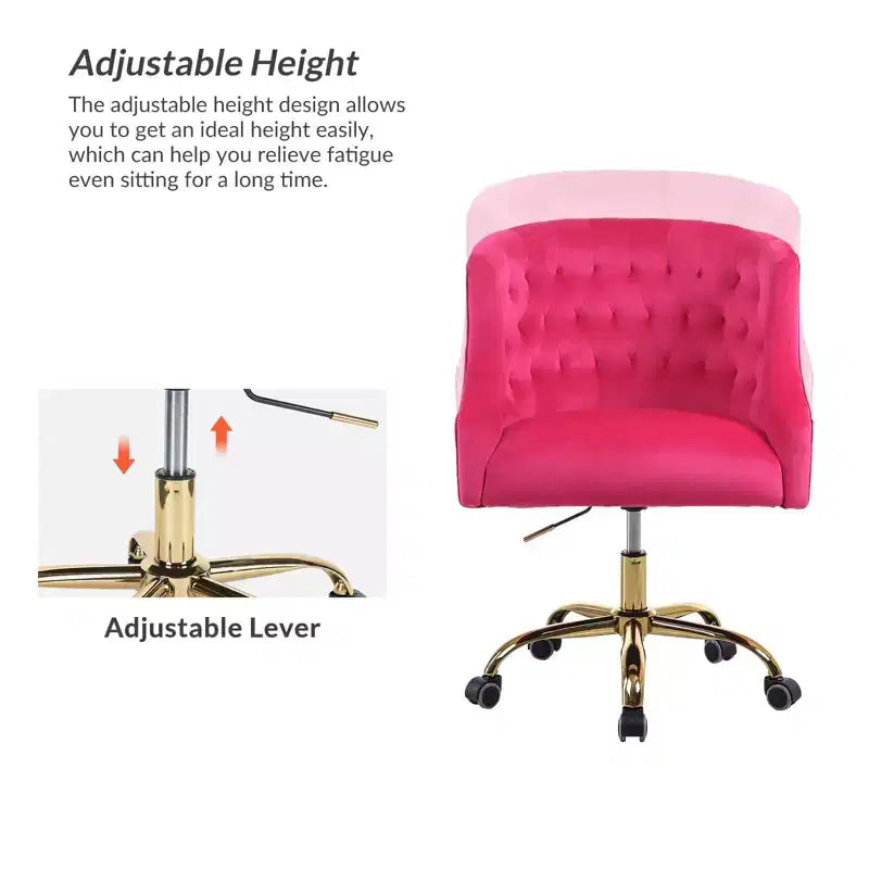 Chaise de bureau pivotante à hauteur réglable en velours Anika avec dossier capitonné et base dorée | Karat Home
