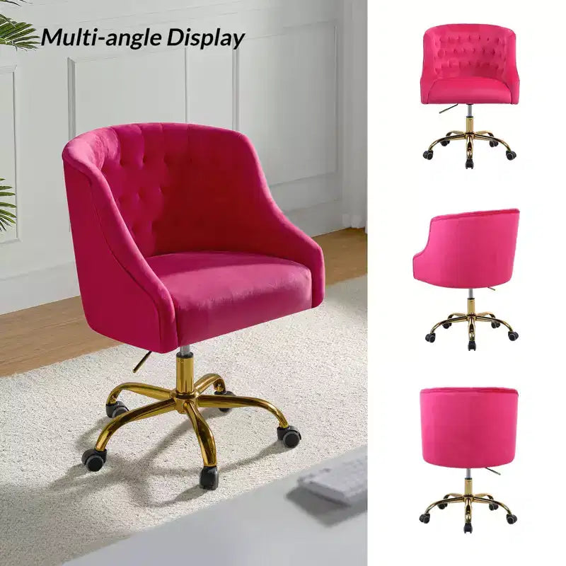 Chaise de bureau pivotante à hauteur réglable en velours Anika avec dossier capitonné et base dorée | Karat Home