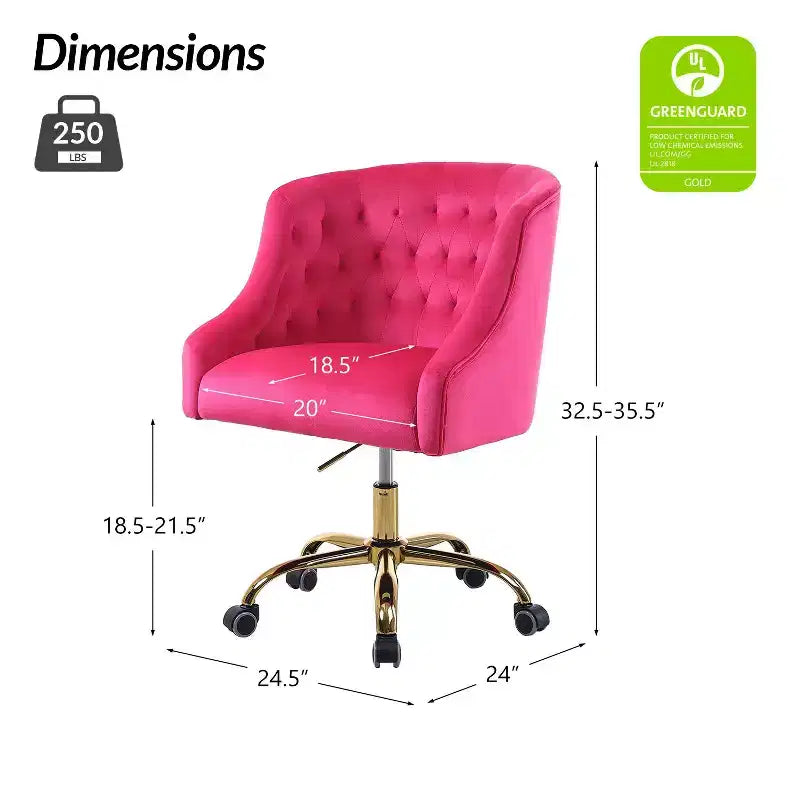 Chaise de bureau pivotante à hauteur réglable en velours Anika avec dossier capitonné et base dorée | Karat Home