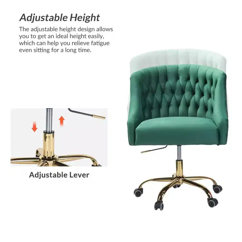 Chaise de bureau pivotante à hauteur réglable en velours Anika avec dossier capitonné et base dorée | Karat Home