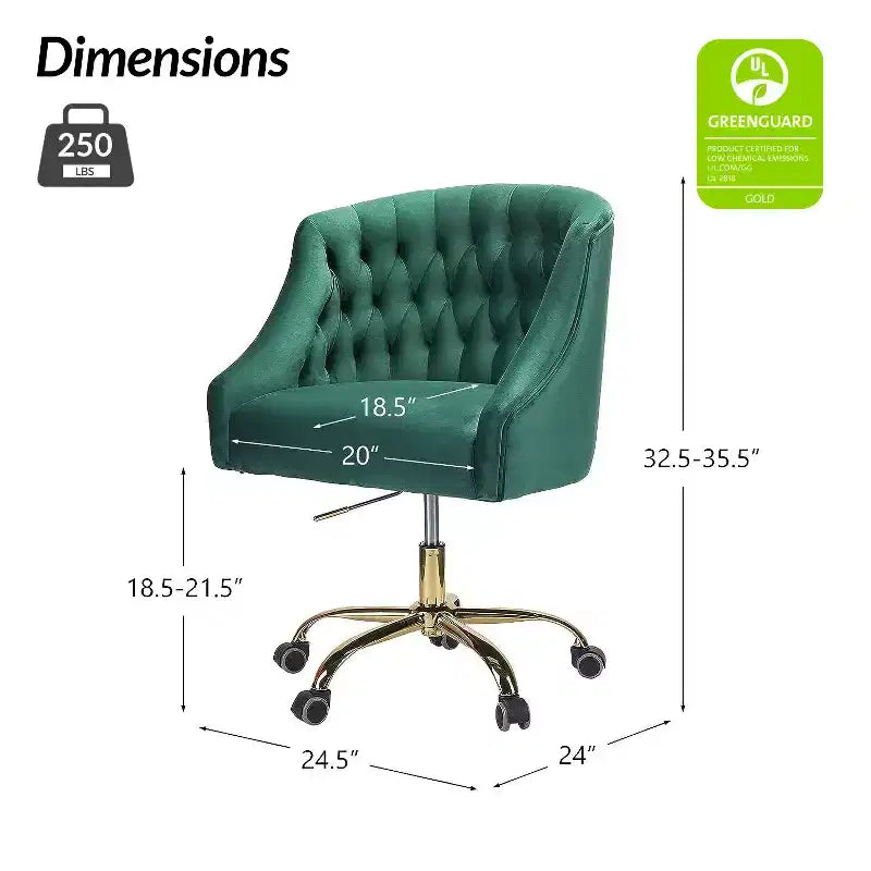 Chaise de bureau pivotante à hauteur réglable en velours Anika avec dossier capitonné et base dorée | Karat Home