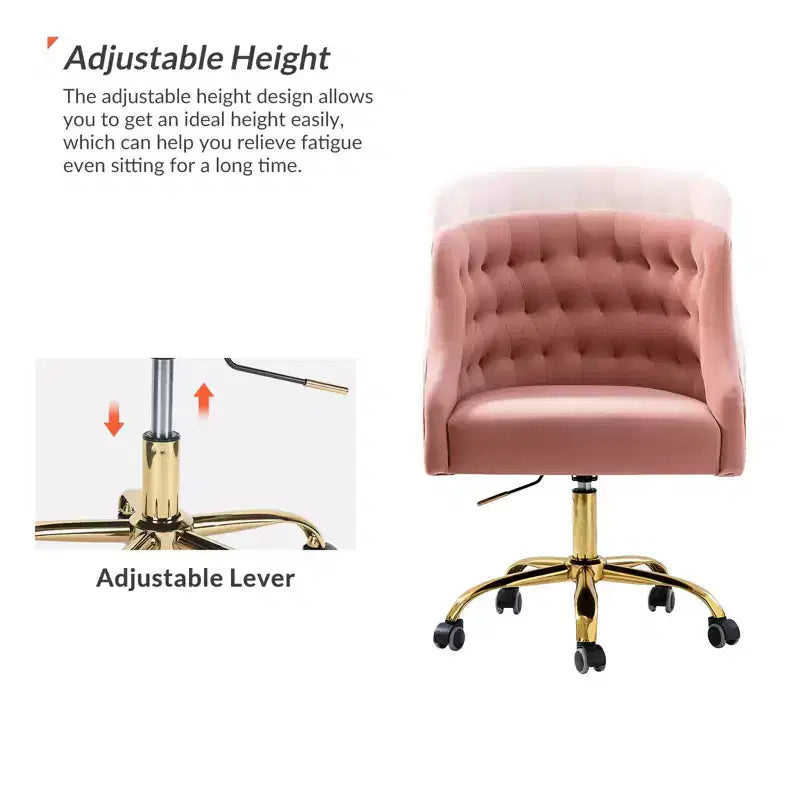 Chaise de bureau pivotante à hauteur réglable en velours Anika avec dossier capitonné et base dorée | Karat Home