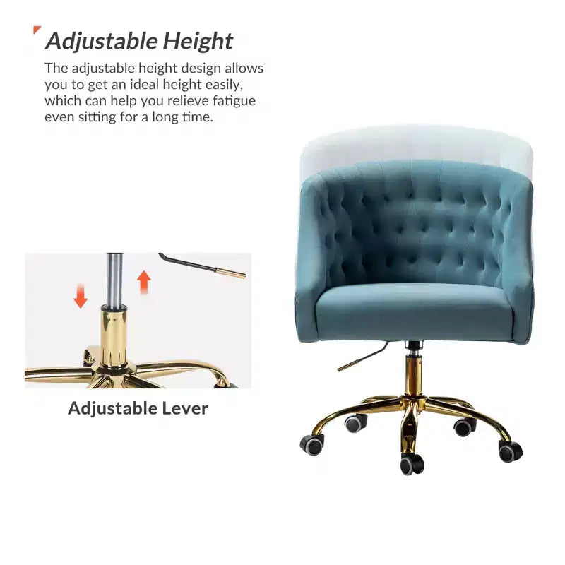 Chaise de bureau pivotante à hauteur réglable en velours Anika avec dossier capitonné et base dorée | Karat Home