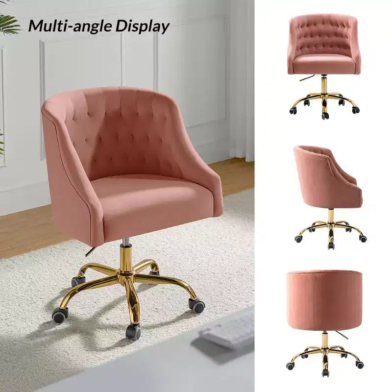 Chaise de bureau pivotante à hauteur réglable en velours Anika avec dossier capitonné et base dorée | Karat Home