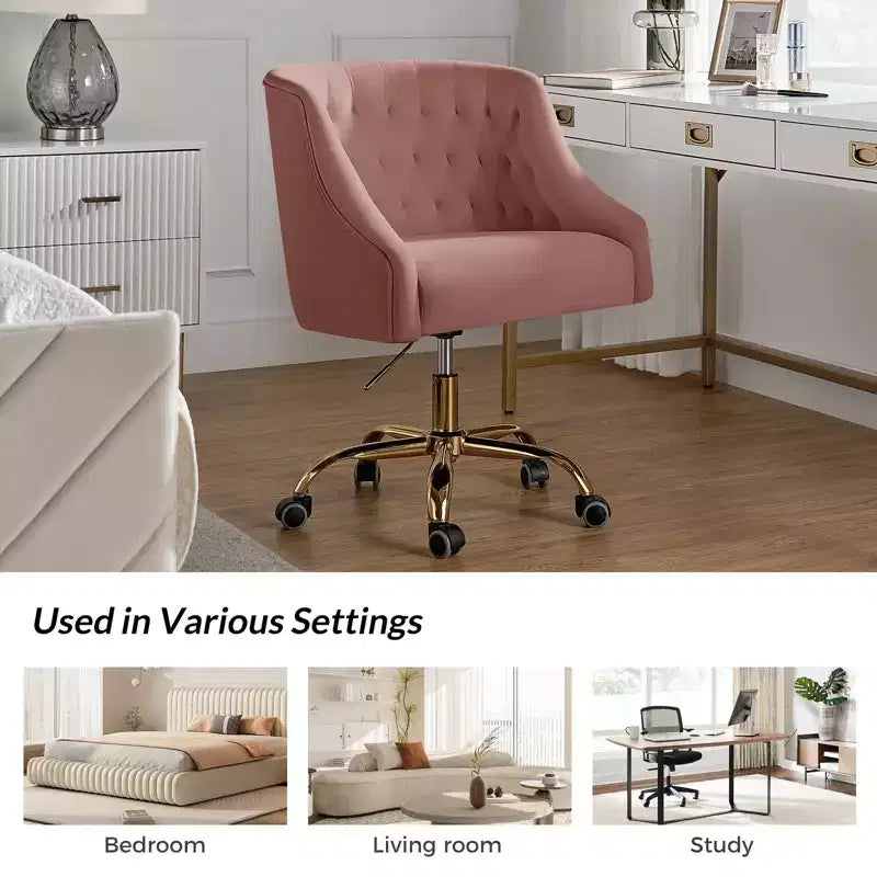 Chaise de bureau pivotante à hauteur réglable en velours Anika avec dossier capitonné et base dorée | Karat Home