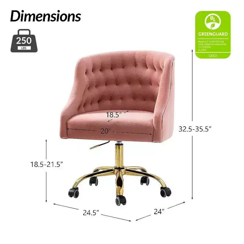 Chaise de bureau pivotante à hauteur réglable en velours Anika avec dossier capitonné et base dorée | Karat Home
