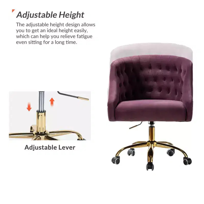 Chaise de bureau pivotante à hauteur réglable en velours Anika avec dossier capitonné et base dorée | Karat Home